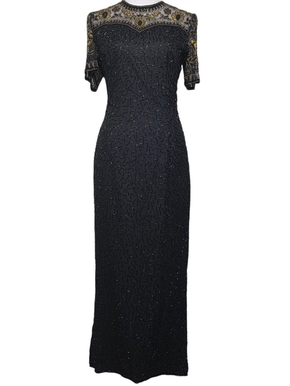 Brillante By J. A. Black Beaded Maxi Dress wGoldtone Beaded Flower Accents